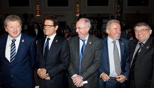 Current England coach Roy Hodgson (L) with former managers, in London, on January 16, 2013